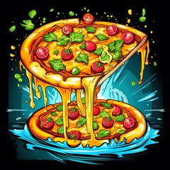 Pizza on a plate with various toppings, including cheese, tomato, pepperoni, mushrooms, and peppers, illustrated in a cartoon style