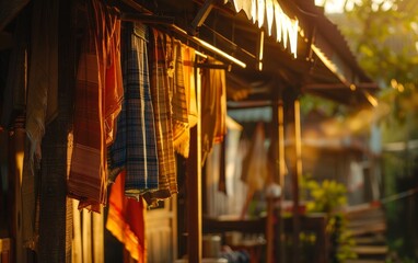 Naklejka premium Warm sunlight illuminating colorful clothes drying outside a rustic wooden house, evoking a serene and peaceful rural village ambiance.
