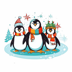 Fototapeta premium Three penguins are standing in a snowy field, each wearing a scarf and a hat