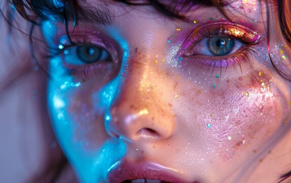 Close-up of a woman's face with artistic makeup and glitter against a colorful background, highlighting creative and vibrant beauty.