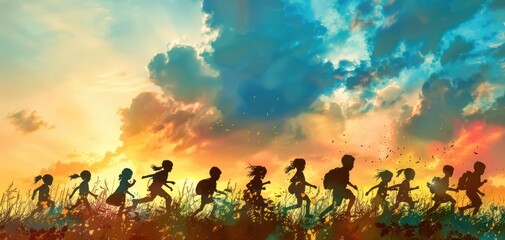 A beautiful silhouette of a multicultural group of children playing joyfully in an open field