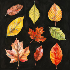 A set of watercolor leaves on a black background. The leaves are of different sizes and colors, including red, yellow, and green. Concept of autumn and the beauty of nature's changing colors