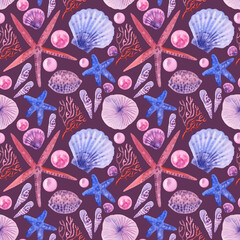 Marine seamless pattern animals, corals, plants, seashell, starfish, pearls, mollusk, shells. Watercolor illustration Underwater background. On purple. For fabric, wrapping paper wallpaper print decor