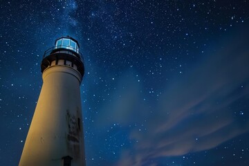 Lighthouse under a starlit sky, beacon of safety and hope, light in the darkness, celestial night