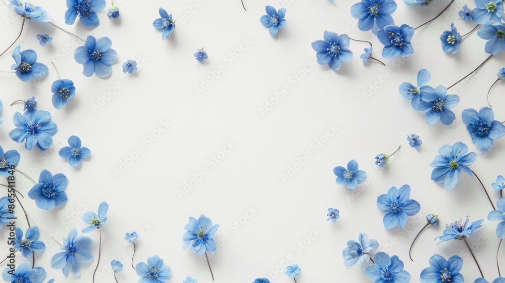 Poster blue spring flowers forming a pattern on a white background with space for text viewed from above