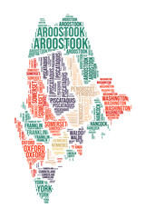 Maine Word Cloud. State shape with county division. Maine typography style image. County names tag clouds. Vector illustration.