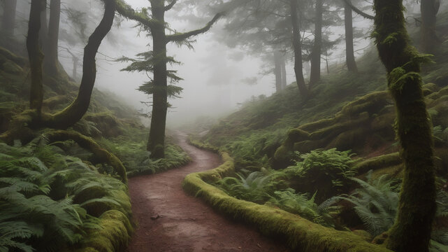 Misty Enchanted Forest Path with Lush Moss and Ferns