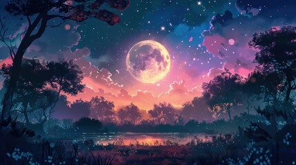 Fototapeta premium A mystical coloring book illustration showcasing a full moon casting a soft glow over a magical forest, inviting you to add your own colorful touch.