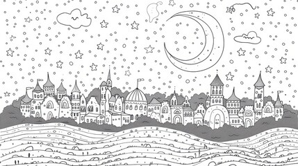 A delightful coloring page featuring a peaceful night sky with a crescent moon, twinkling stars, and a sleeping town below, waiting to be colored with your imagination.