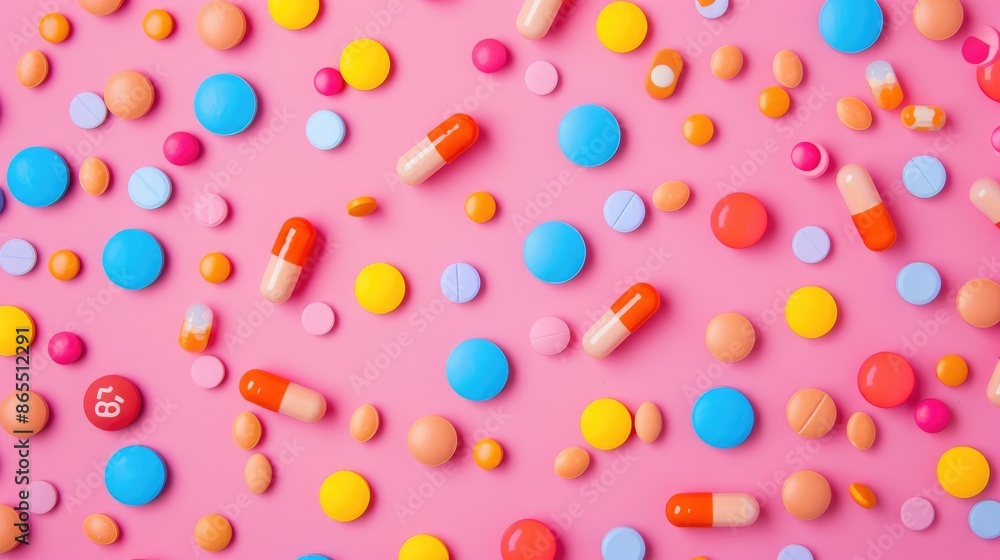 Wall mural Health concept with assorted bright pills on pink background