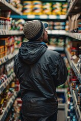 Supermarket employee restocking shelves