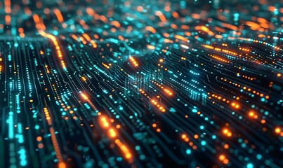 A depiction of intricate digital circuits merging with streams of binary code