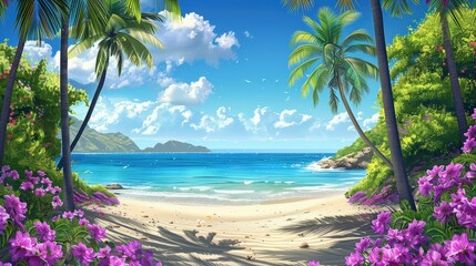 Tropical Beach Scene With Palm Trees and Purple Flowers