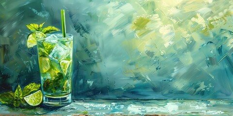 Vibrant Painting of a Refreshing Mojito Cocktail