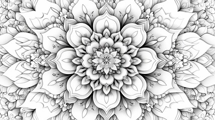 An intricate mandala pattern in a coloring book, designed to promote relaxation and mindfulness through detailed and repetitive designs.
