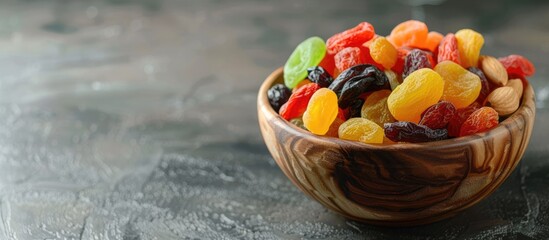 Assorted dried fruits and nuts in a wooden bowl with space for text. Celebrating the Jewish holiday Tu Bishvat with a variety of candied fruits.