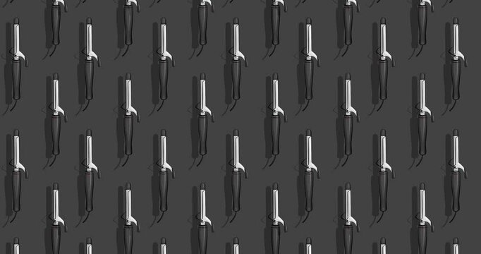 4K animated pattern of hair curler moving from top to bottom. Curling iron in a hand-drawn style creating a repeatable background. Horizontal video.