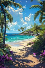 Fototapeta premium Tropical Beach With Purple Flowers