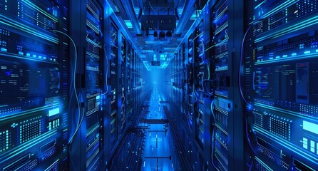 Futuristic AI data center with glowing blue lights and advanced technology
