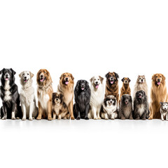Fototapeta premium A group of dogs are sitting in a row, with some of them being brown
