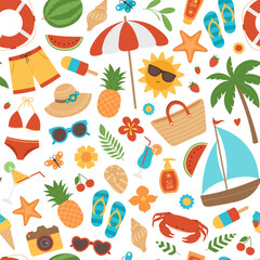 Seamless pattern with colorful summer elements. Beach background with swimsuits, hat, sunglasses, palm, cocktails, fruits, ice cream and other. Tropical vacation, holiday. Vector illustration