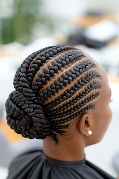 Woman having her hair braided into intricate cornrows, cornrow braids, protective hairstyle