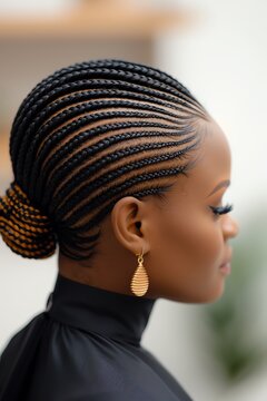 Woman having her hair braided into intricate cornrows, cornrow braids, protective hairstyle