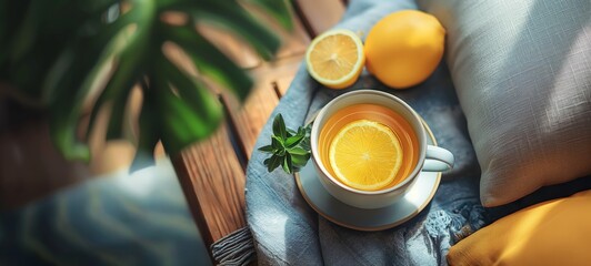 top view glass of lemon tea with leaves summer soothing comforting culture vibes, slices lemon with tropical green leaves, background with copy space
