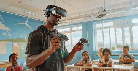 Teacher using VR technology in classroom with engaged students