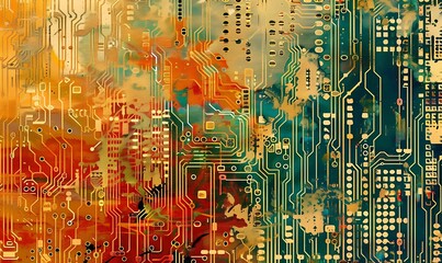 A depiction of intricate digital circuits merging with streams of binary code