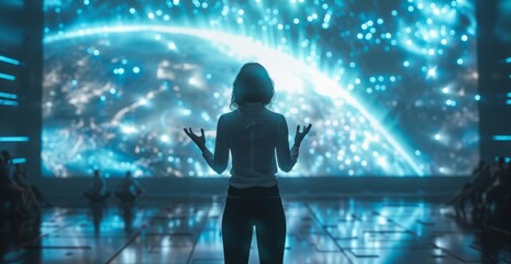 Businesswoman giving a presentation in a high-tech room with digital screens and graphs