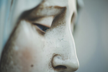 Serene sculpture of the Virgin Mary with a dedicated text area, capturing the essence of Dormition of the Mother of God. Perfect for religious publications, event announcements, and faith-based market