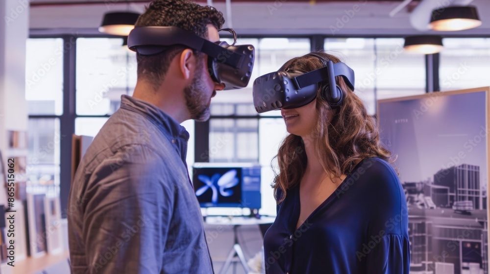 Poster a man and a woman wearing virtual reality headsets stand facing each other in an office setting. the
