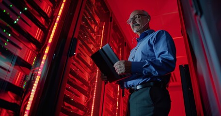 Data center worker inspecting server racks with a tablet in hand