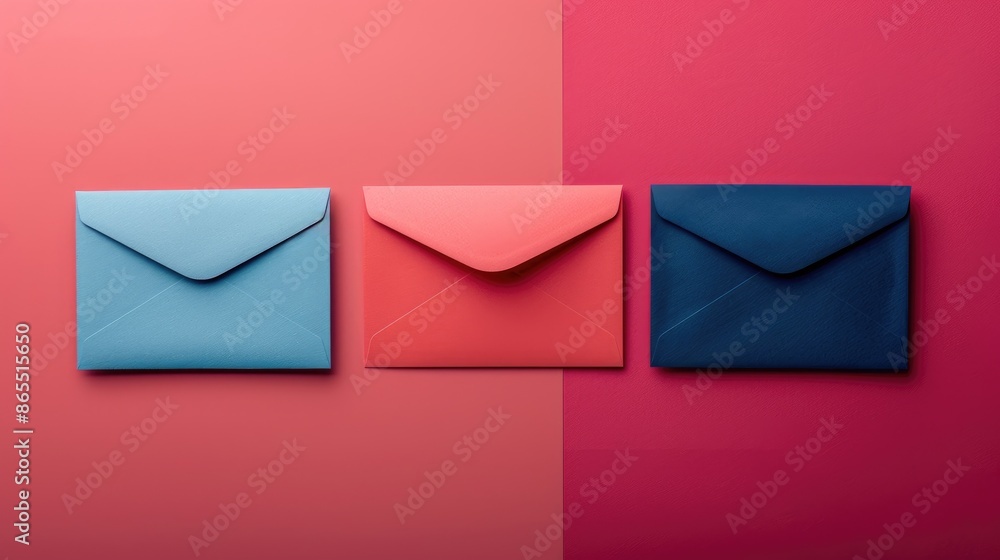 Poster colorful envelopes arranged in a top view with pink blue and dark red colors with empty space for te