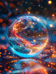 An irregular translucent glass ball and tiny golden lights