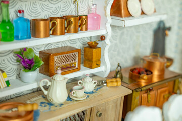 retro-style miniature dollhouse scale kitchen roombox with handcrafted furniture, dishes and...