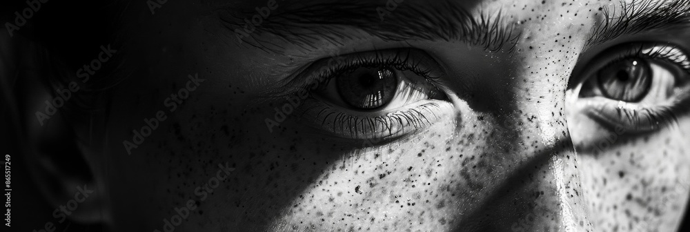 Poster a closeup of a face with a smattering of freckles the sunlight casting shadows through the window. b