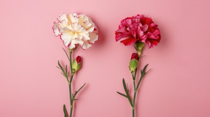 Fototapeta premium Two carnations on pink background