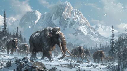 A herd of woolly mammoths is walking in a snowy mountainous landscape.