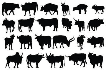 Abstract vector Set of cow silhouettes isolated on a white background, stock illustration. 