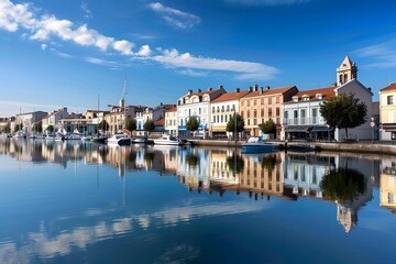 Obraz premium Scenic European waterfront with colorful buildings and moored boats reflecting on tranquil waters