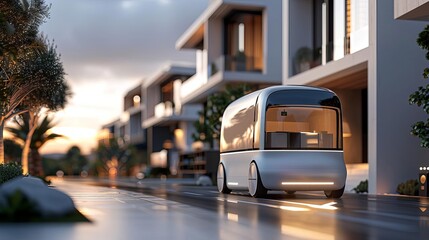 A futuristic self-driving vehicle drives through a residential neighborhood at sunset.