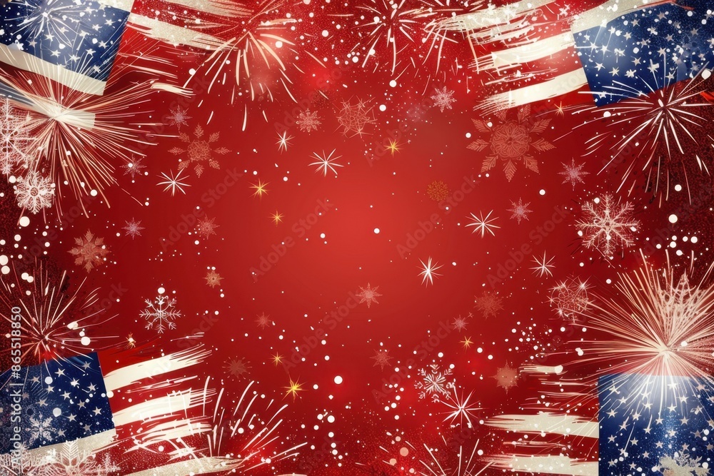 Poster a red background with fireworks and stars, featuring an american flag in the center of the frame gen