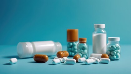 Various pill bottles, some scattered with tablets and capsules, are set against a minimalist blue background, ideal for health and wellness themes