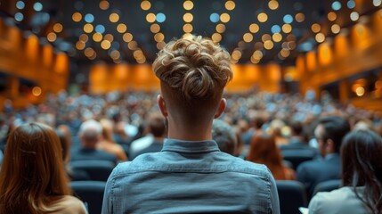 Fototapeta premium Back view of a man in front of a crowd of people