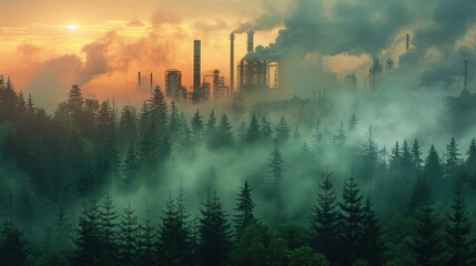 Fototapeta premium Factories in the middle of the forest emit pollution.