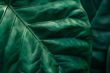 Obraz premium Green leaf texture background, close-up of the veins on one side of an elegant tropical green leaf, macro photography, symmetrical composition, detailed texture, vibrant colors, natural lighting, gree