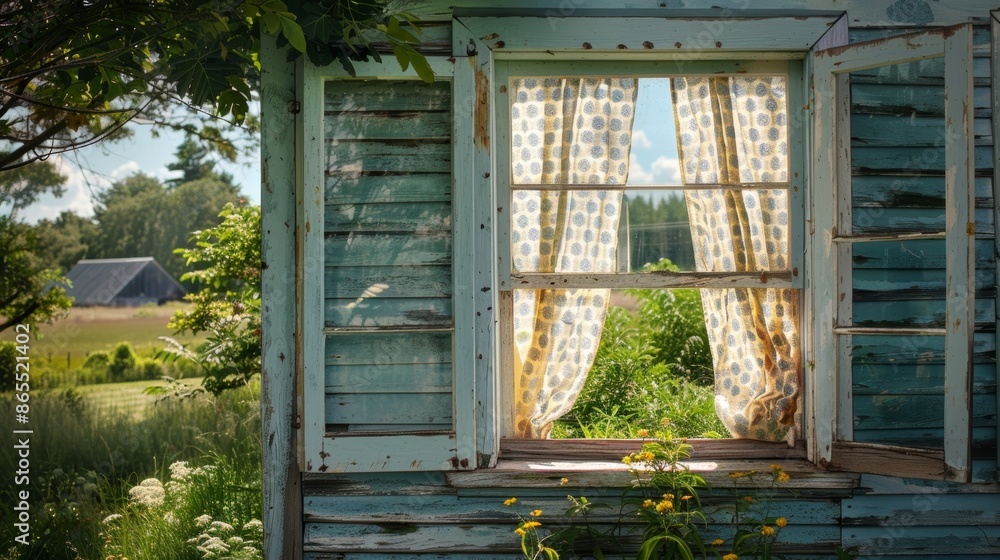 Poster a charming farmhouse adorned with delicately patterned curtains swaying gently in the wind as they h