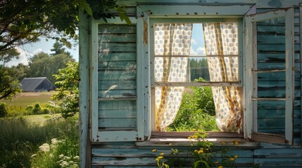 A charming farmhouse adorned with delicately patterned curtains swaying gently in the wind as they hang from open windows.